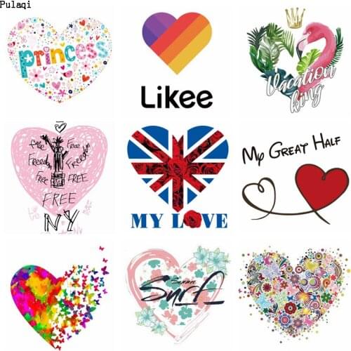 Pulaqi DIY Heat Transfers Heart Flower Patch Applique Thermal Heat Vinyl Transfer Iron On Transfers For Clothing Cartoon Sticker