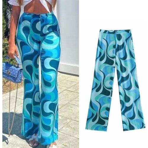 Women Pants Za 2021 Print High Waist Casual Pockets Wide Leg Pants Woman Trousers Streetwear Loose Trousers PL581
