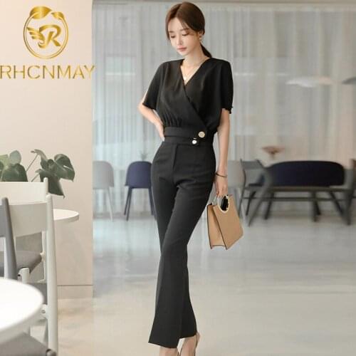 Summer Women Formal 2 Piece Pant Suit 2020 Fashion Short Sleeve OL Blouse Top + Slim Work Calf Length Pants Set Office Ladies