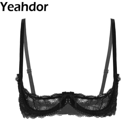 Women See Through Sheer Lace Lingerie 1/4 Cups Bra Top Spaghetti Shoulder Straps Underwire Push Up Bras Tops Sexy Braltte Femme