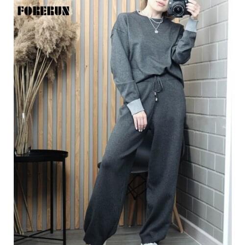 FORERUN Knitted Suit for Women O-Neck Oversized Pullover Sweater and High Waist Loose Trousers Casual Two Piece Set Tracksuits