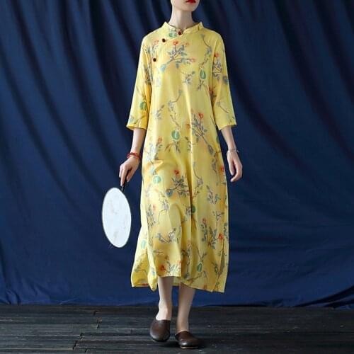Johnature Women Chinese Style Stand Dress Print Floral Cotton Linen Cheongsam 2020 Fall Vintage Seven Sleeve Female A-Line Dress