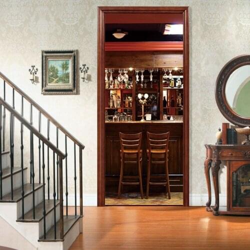3D Bar Counter Door Sticker Wood Adhesive Waterproof Wallpaper for Doors Living Room Bedroom Poster DIY Mural Decals Home Decor