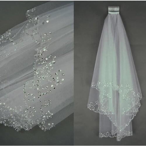 White or Ivory Short Wedding Veil with Crystal Edge with Comb 2 Beaded Bride Bridal Veils