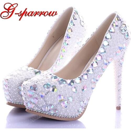 2018 White Pearl High Heel Shoes Crystal Platform Bridal Wedding Shoes Diamond Rhinestone Women Shoes Formal Gown Prom Shoes