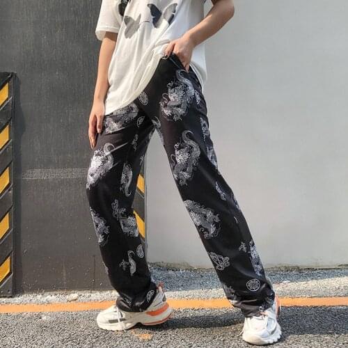 Casual Elastic High Waist Dragon Print Pants Women Summer Straight Loose Fashion Trousers Heat Pantalon Femme Pants