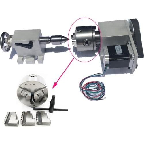 CNC 4th Rotary Axis K11 3Jaw 100mm Lathe Chuck Nema 23 Stepper Motor Dividing Head+Rotary Axis+ MT2 Tailstock for Woodworking