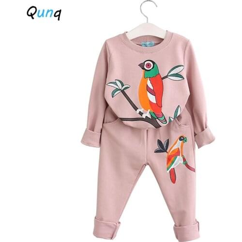 Qunq 2020 New Spring Fall Girls Clothes Long Sleeve Bird Flower Sweatshirt Pant 2pcs Children Tracksuits Toddler Kids Set