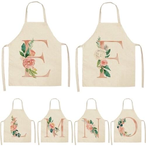 Pink Letter Flower Pattern Kitchen Apron For Woman Sleeveless Cotton Linen Aprons Pinafore Cooking Bibs Home Cleaning Tools