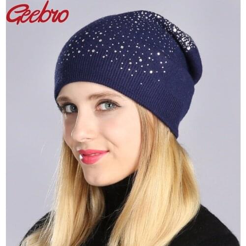 Geebro Brand New Womens Beanie Hat Casual Knitted Beanie For Women Shine Rhinestones Beanies Balaclava Bonnet Cap Female GS056