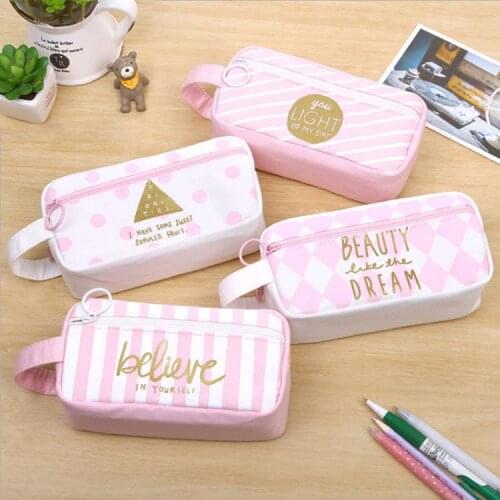 Kawaii Stationery Large Capacity Pencil Pouch with Handle Pink Pen Case for Girl Stationery Cosmetic Storage Bag School Supplies