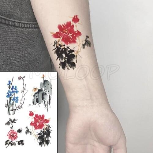 Ink and Wash Painting Water Transfer Tattoo Stickers Women Body Chest Art Temporary Girl Waist Bracelet Flash Tatoos Flower