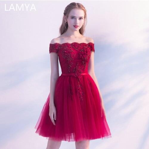 LAMYA Princess Short Elegant Evening Dress Appliques Ball Gown Formal Party Gown Plus Size Boat Neck robe de soiree