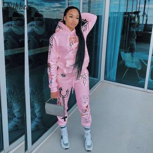 Nibber Stylish Cartoon Graphic Casual Tracksuit 2Piece Outfit Women Fall Winter Warm Hoodies Pullover Sweatpants Street Clother