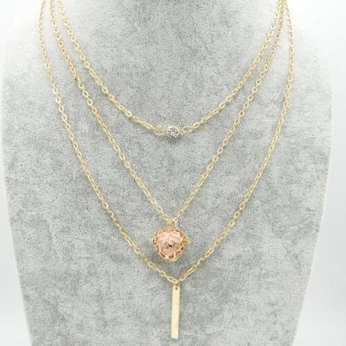 Trendy Three Layered Chains with Stick and Heart Locket Lava Felt Balls Essential Oil Diffuser Fashion Short Necklace