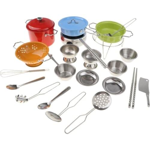 Set of 25pcs Colorful Real Cooking Stainless Steel Kitchenware Pretend Play