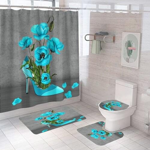 Blooming Flowers Bathroom Non-slip Mat Set Durable Waterproof Shower Curtain Set Pedestal Rug Lid Toilet Cover Bath Mat Rugs