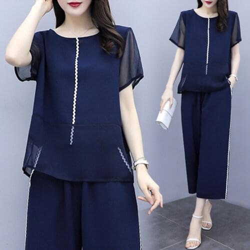 2020 New Summer Middle Aged Women Causal Fashion Tracksuit Loose Chiffon Two Piece Mother Suit Plus Size 4XL Pants Set W212