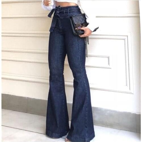 Autumn High Waist Womens Fashion Little Stretch Full Length Flare Pants Denim Female Blue Lace Up Boot Cut Jeans Cords Trousers