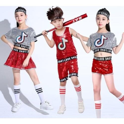 2021 Girl Jazz Dance Costumes For Girls Children Korean Stage Dance Clothes Exposed Navel Tide Hip Hop Sequin Dance Costumes