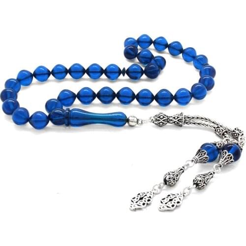 Tesbihane 925 Sterling Silver Tassels Istanbul Cut Dark Blue Crimping Amber Prayer Beads