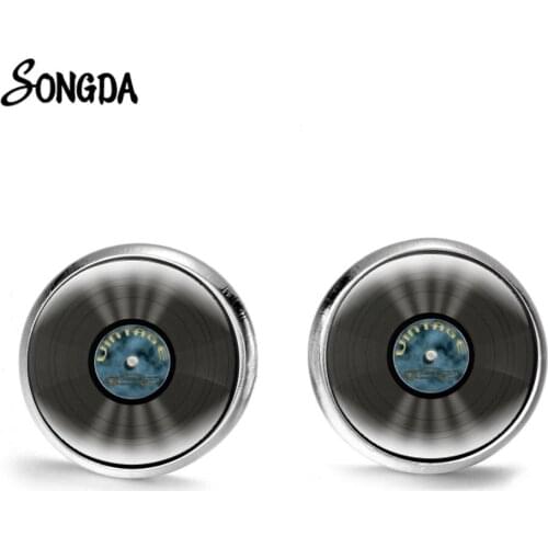 Vintage Black Vinyl Record Idea Earrings for Women Personality Transparent Art Photo Glass Cabochon Stud Earrings Party Jewelry