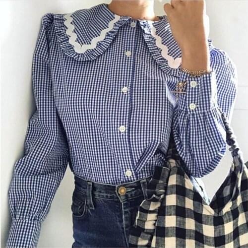Contrast Color Peter Pan Collar Women Plaid Blouse 2021 Ealy Autumn Long Sleeve Single-Breasted Sweet Office Wear Shirt and Tops