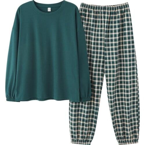 100% Cotton Women Pajamas Spring Long Sleeve Pajama Set Fresh Loose Home Clothes Round Neck Plaid Loungewear Sexy Nightwear