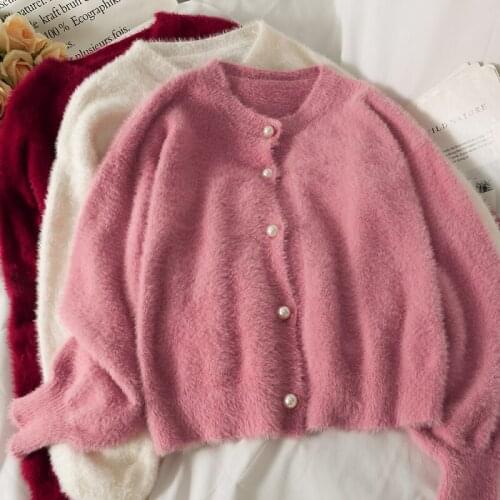 Women Mohair Korean Sweater Autumn Winter O-neck Oversized Cardigan Coat Woman Pearls Button Up Long Sleeve Elegant Cardigan
