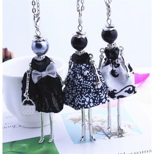 Womens New Design Lovely Black Girl Doll Necklace Cloth Bowknot Dress Princess Pendant Chain Long Necklace Jewelry Store Gifts
