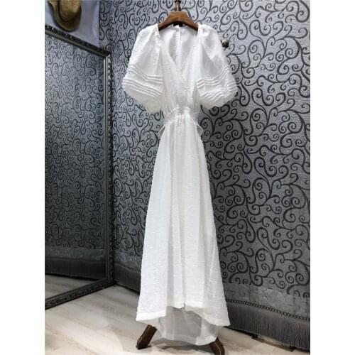 Top Quality New Long Dress 2021 Summer Sexy Deep V-Neck Back Button Deco Puff Sleeve Sexy White Black Long Maxi Dress Vestidos
