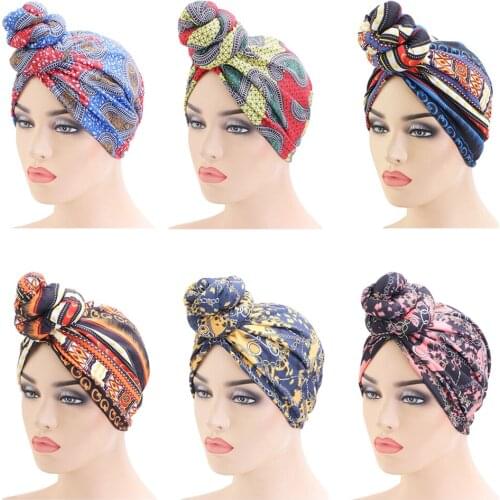 12PCS Women Muslim Pleated Knot Hat Cancer Chemo Printed Cap Turban Indian Beanie Bonnet Headwrap Hair Loss Head Cover Caps Arab