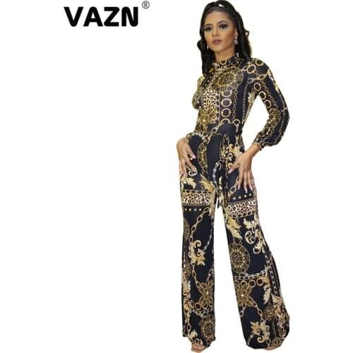 VAZN 2020 Top Quality Retro Overalls Mature Age Sexy Designer Turtleneck Full Sleeve Women High Waist Wide Leg Jumpsuits
