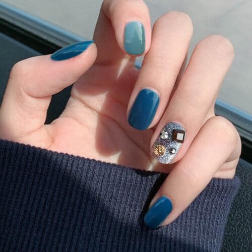 24Pcs/boxed new styles Blue Short Square press on Nails Women Detachable Wearable Full Cover acrylic artificial nails with glue