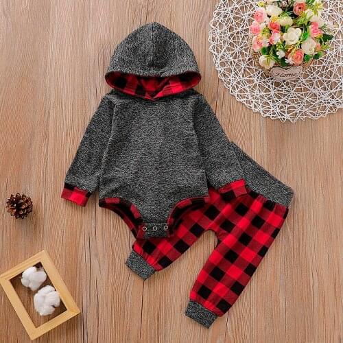 40# Infant Clothing Baby Boys Girls Long Sleeve Plaid Print Hooded Sweater Romper + Pants Set Outfits Одежда Для Девушки