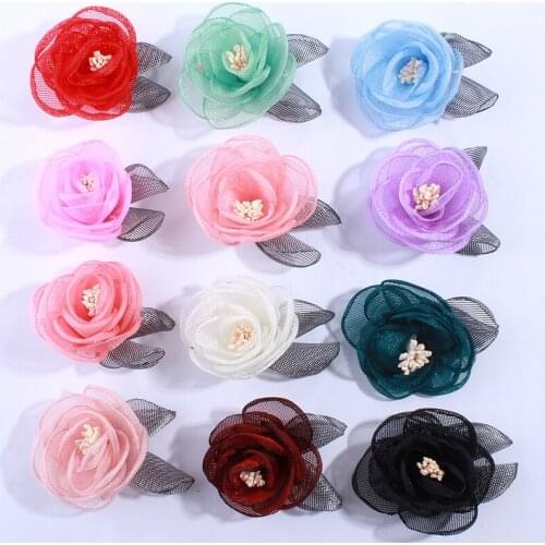 5PCS 5CM Newborn Burned Satin Fabric Flowers With Stamen Silk Flower With Leaf For Headbands Accessories