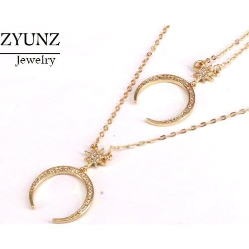 6PCS, Moon Pendant Necklace ox horn cz micro pave Chain Necklace women Jewelry