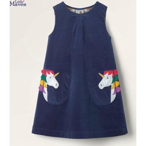 Little Maven 2021 Summer Baby Girl Clothes Toddler Unicorn Vestiods Dress Cotton Sleeveless Pocket Sundress for Kids 2-7 Years