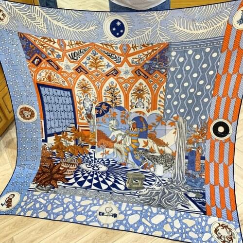 Egypt owl Printing 30% Silk 70% Cashmere Blended Scarf Hand Rolled Edges 140*140cm Shawls Wrap 55‘’X55