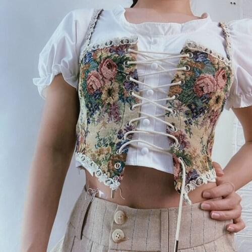 French Vintage Corset Tops To Wear Out Sexy Floral Corset Bustier Crop Top Tank Lace Up Women Flower Camisole