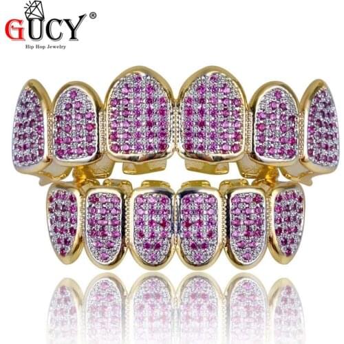 GUCY Gold Hip Hop Teeth Grillz Micro Pave Fuchsia CZ Stone Iced Out Top&Bottom Grills Set Vampire Teeth Caps Mouth Jewelry Party