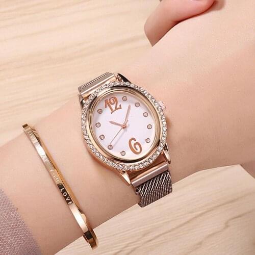 Fashion Women Rhinestone Oval Dial Arabics Numeral Analog Quartz Wrist Watch
