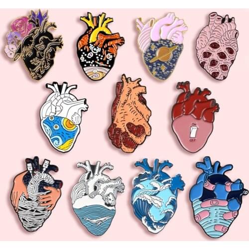 Fashion Creative Organ Heart Metal Enamel Brooch Starry Sky Sea Flowers Wounded Heart Badge Personality Trendy Jewelry Gift