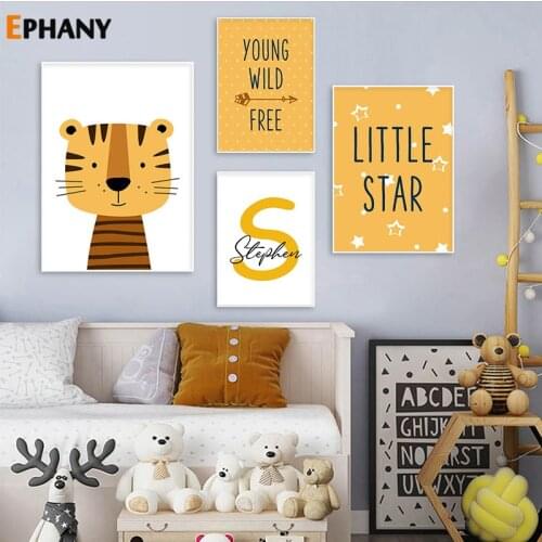 Cartoon Animal Tiger Canvas Poster Wild Free Nursery Child Quotes Print Painting Custom Name Wall Art Baby Kid Room Decor