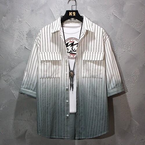 Fashion Summer Thin Short Sleeve Shirt Mens Casual Gradient Color Striped T-Shirt Trend Tops Coat Single Breasted Polo Clothing