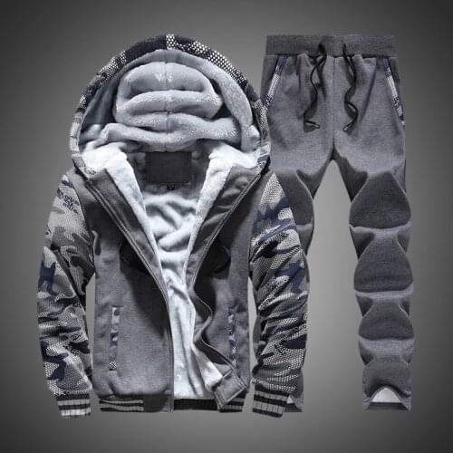 Tracksuits Men Set Winter Thick Fleece 2 Pcs Jacket+Pants Sweatsuit Zipper Hooded Sweatshirt Sportswear Male Hoodies Sport Suits