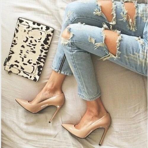 Nude Patent Leather Shoes 12CM 10CM 8CM Stiletto Heels Dress Shoes Pointed Toe Slip-on Shallow Party Banquet Shoes Size 45