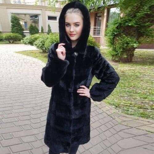 Natural Real Mink Fur Jacket With Hood Women Fur Coat With Long Sleeve High Quality Overcoat Outwear Fast Shipping