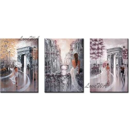 Modern City Street Scenery Handmade Abstract Oil Painting Wall Art On Canvas Artwork 3 Panel Showpieces for Home Decoration