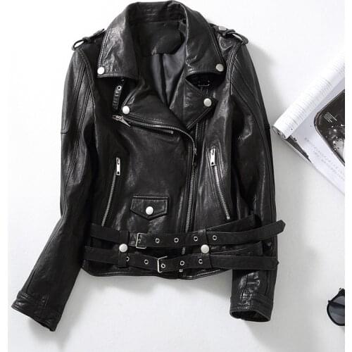 Streetwear Ladies Moto & Biker Genuine Leather Jacket Women Fashion Autumn Sheepskin Coat Female 100% Real Leather Jackets 1722